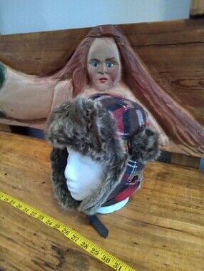 Mudd Y2K Vintage Quilted Red & black Plaid Patchwork Trapper Hat Faux Fur Trim